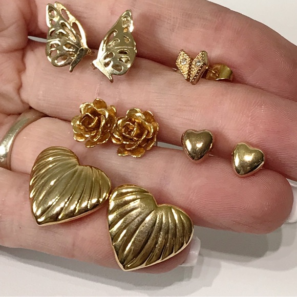 Vintage Cute Gold Stud Earring Lot 5 Puffy Heart Avon Butterfly 3D Rose 80s 90s - Picture 8 of 12